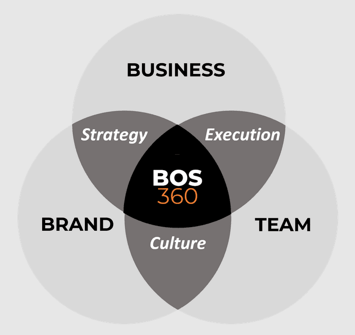 BOS360 Core Model: Business, Brand and Team overlap through Strategy, Execution and Culture, with BOS360 at the centre.